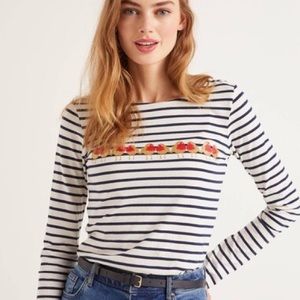 Boden Christmas Breton, Ivory/Navy Robins Long Sleeve Top